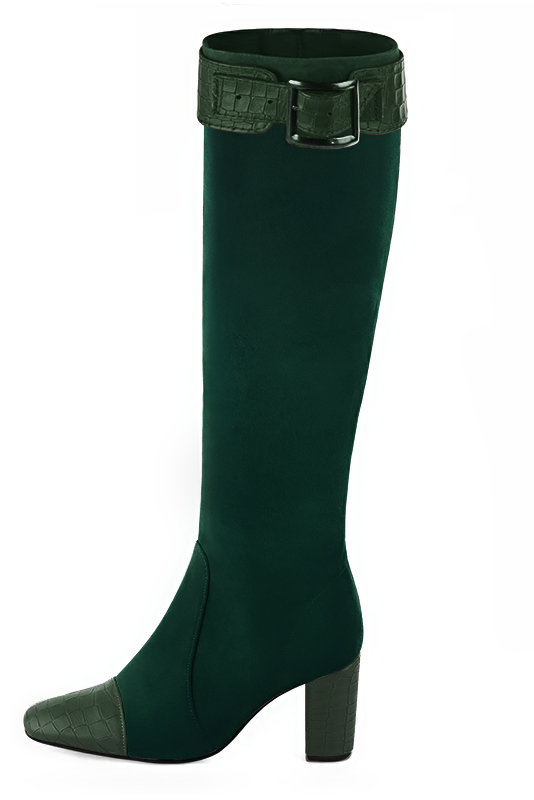 Forest green women's feminine knee-high boots. Round toe. High block heels. Made to measure. Worn view - Florence KOOIJMAN